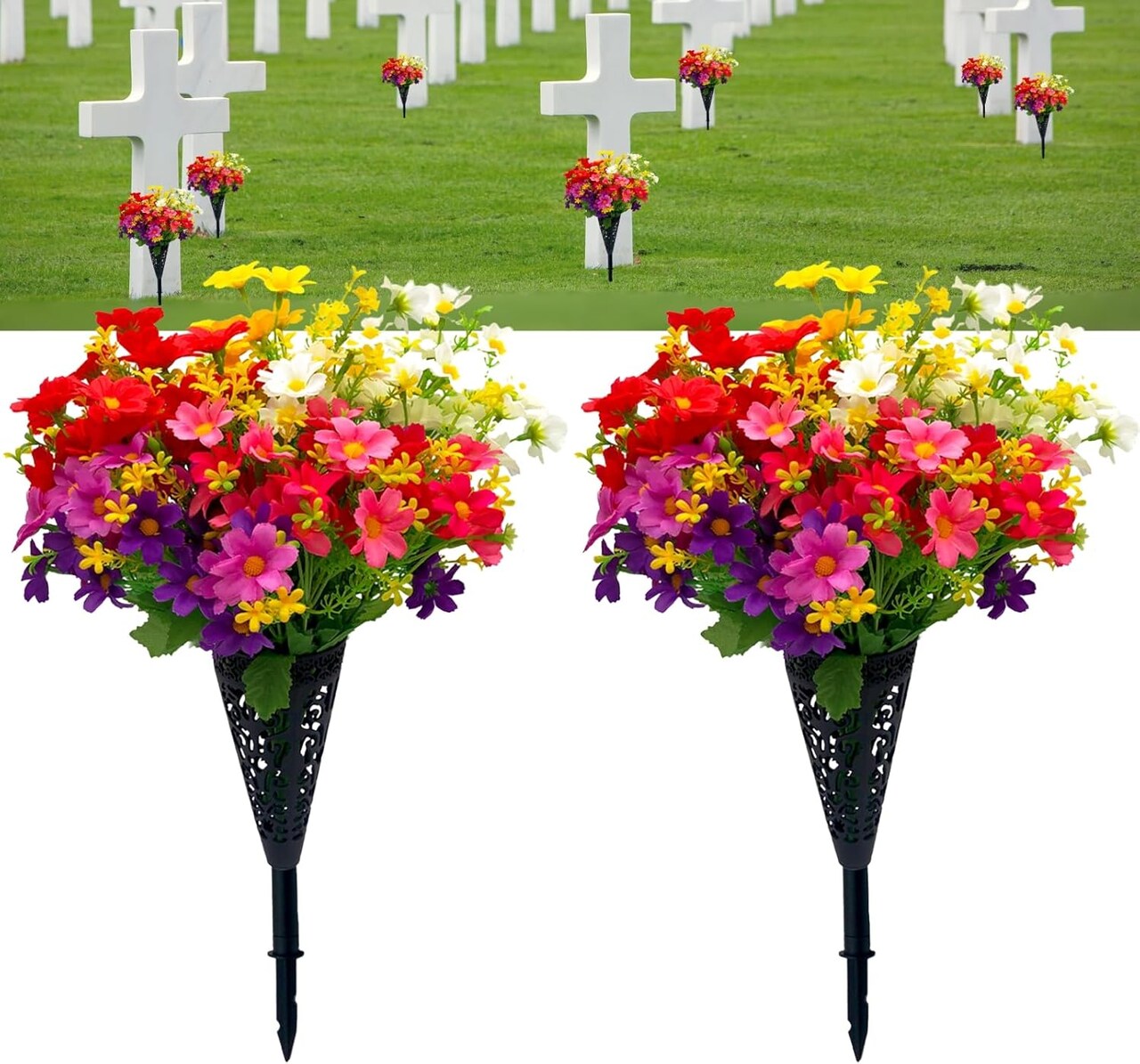 Artificial Cemetery Flowers – Set of 2 Mums Bouquets with Vases, Drainage Holes & Long Spikes, Grave Memorial Flowers for Headstones and Cemetery Decoration